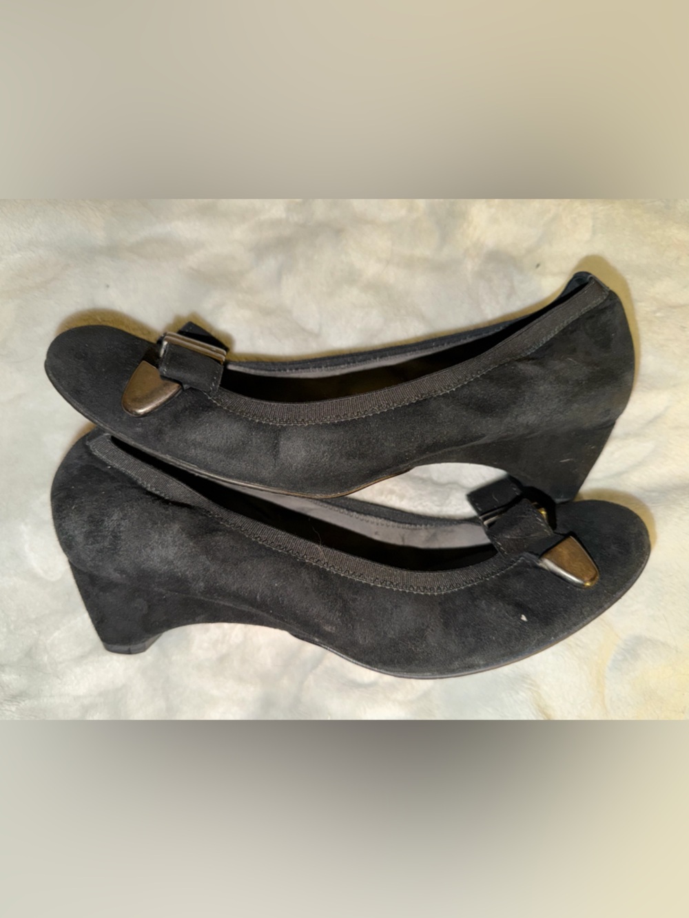 Stuart Weitzman sz 7/7.5 Black Suede Bowends Wedge Low Heel Leather Shoes Heels